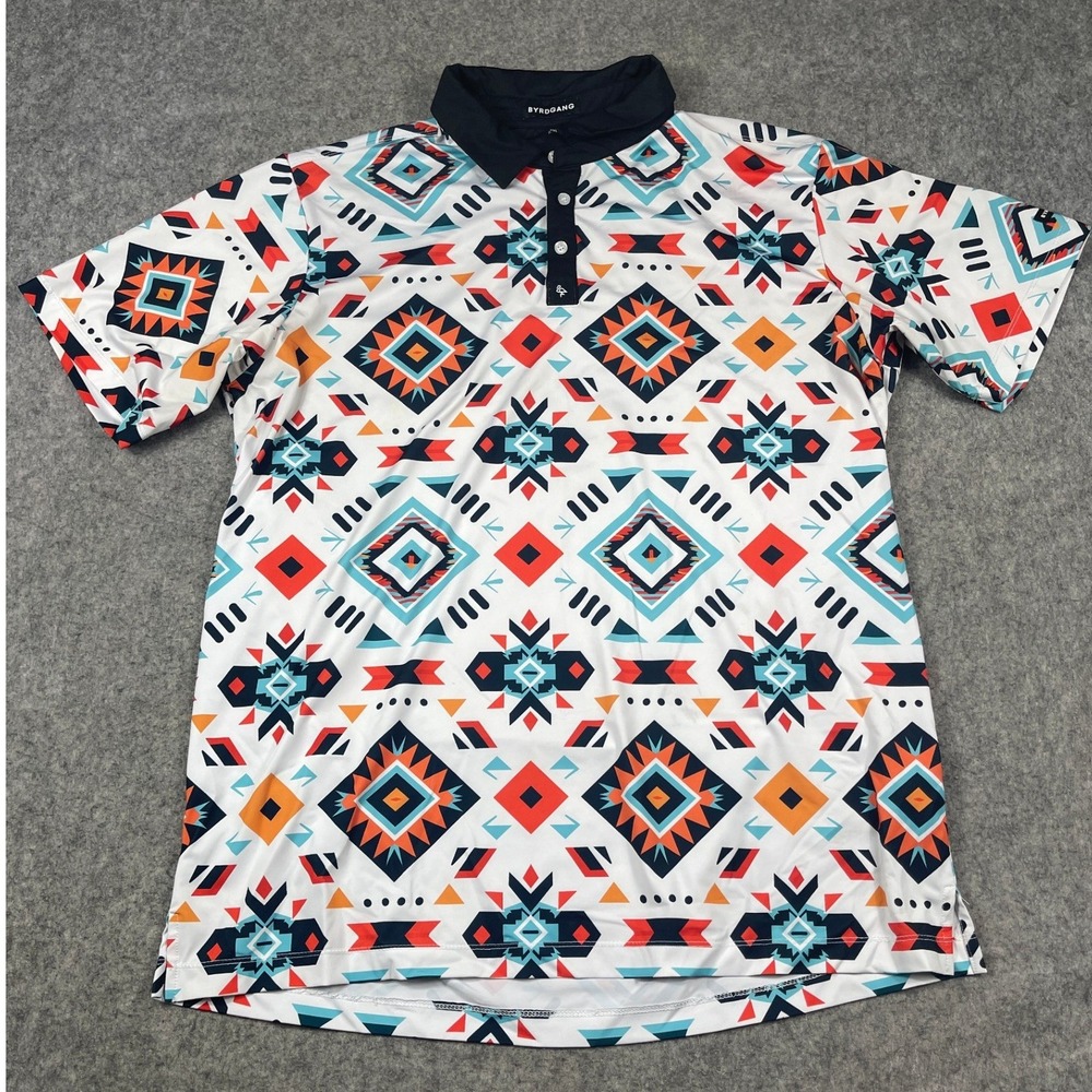 Byrdgang Mens 2XL Geometric Southwestern Print Performance Golf Polo Shirt White